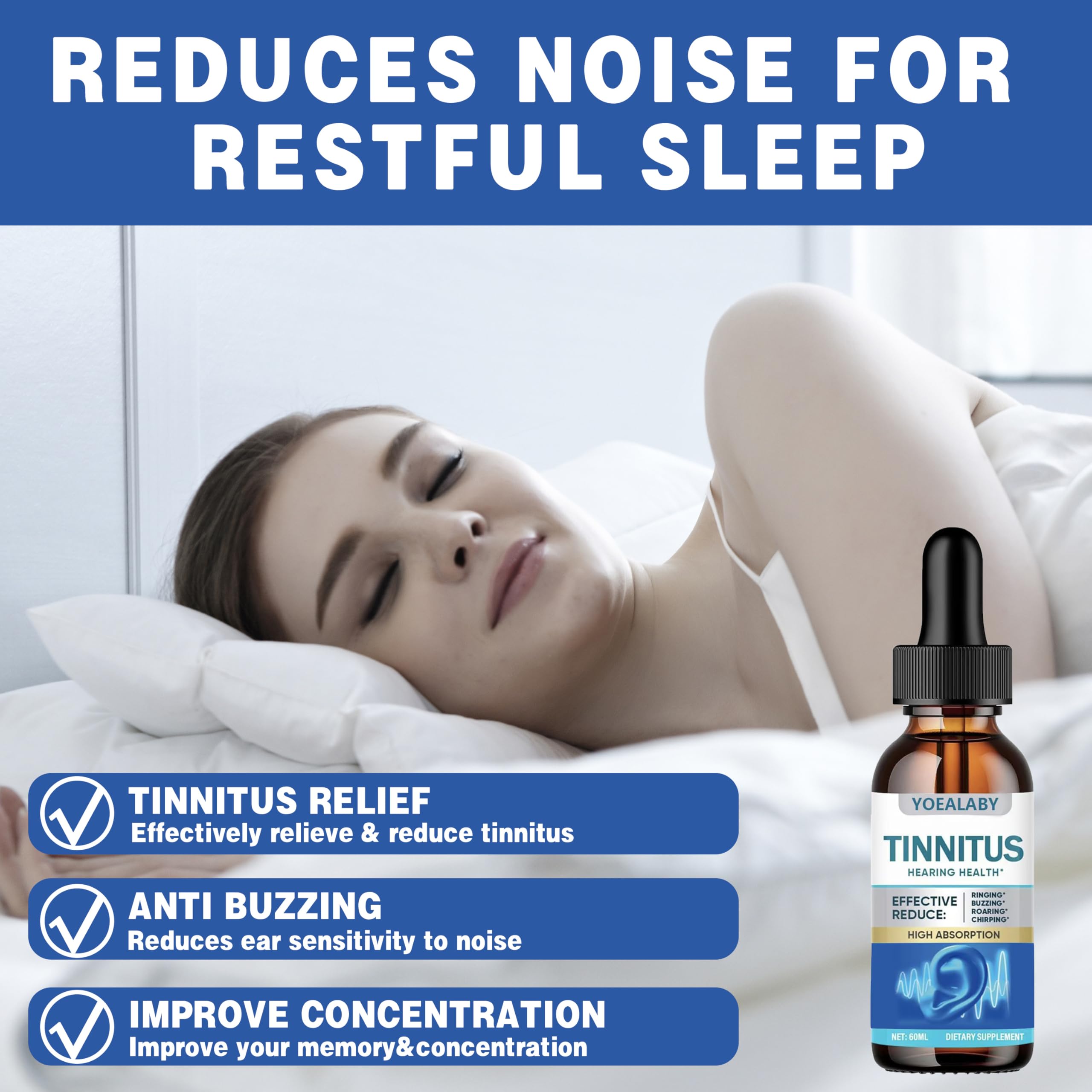 YOEALABY tinnitus relief packaging front highlights natural formula.