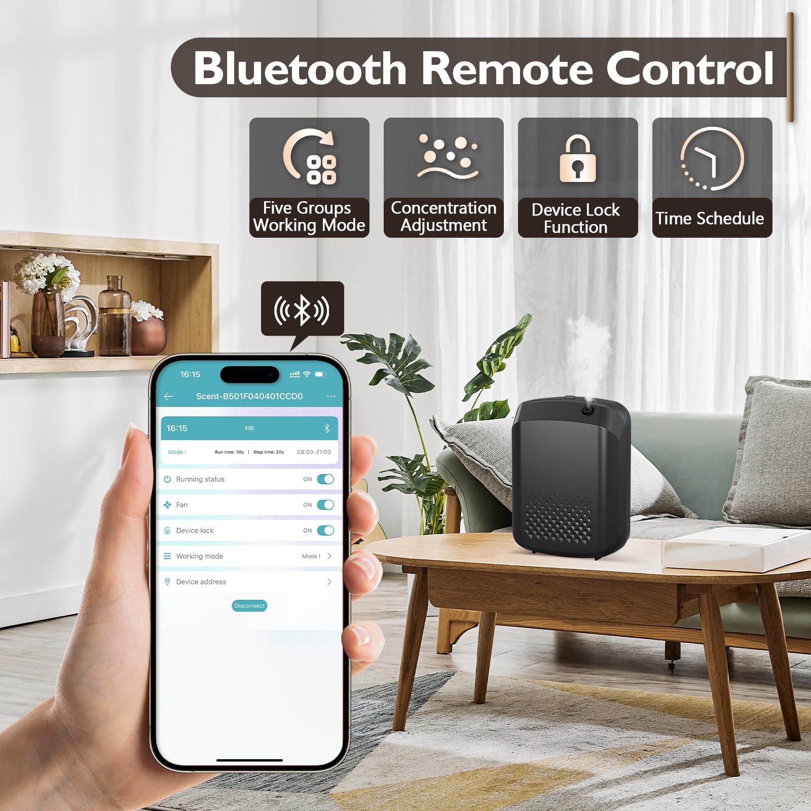 Yofuly Waterless Diffuser control panel enables mobile scent control.