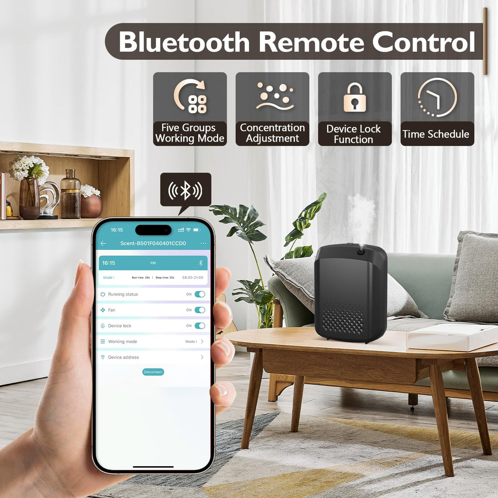 Yofuly Waterless Diffuser control panel enables mobile scent control.