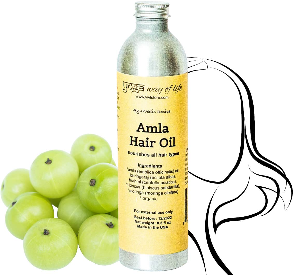 Yoga Way of Life Amla Hair Oil bottle for scalp nourishment.