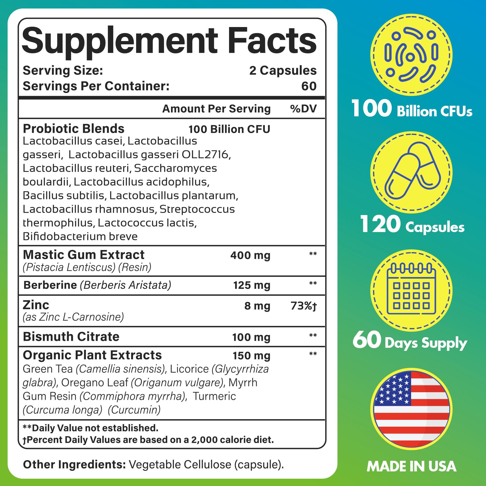 Yoghuaty H. Pylori Defense bottle back label summarizes ingredients and benefits.
