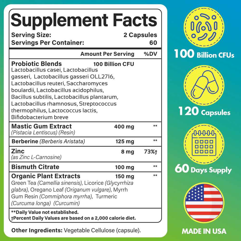 Yoghuaty H. Pylori Defense bottle back label summarizes ingredients and benefits.
