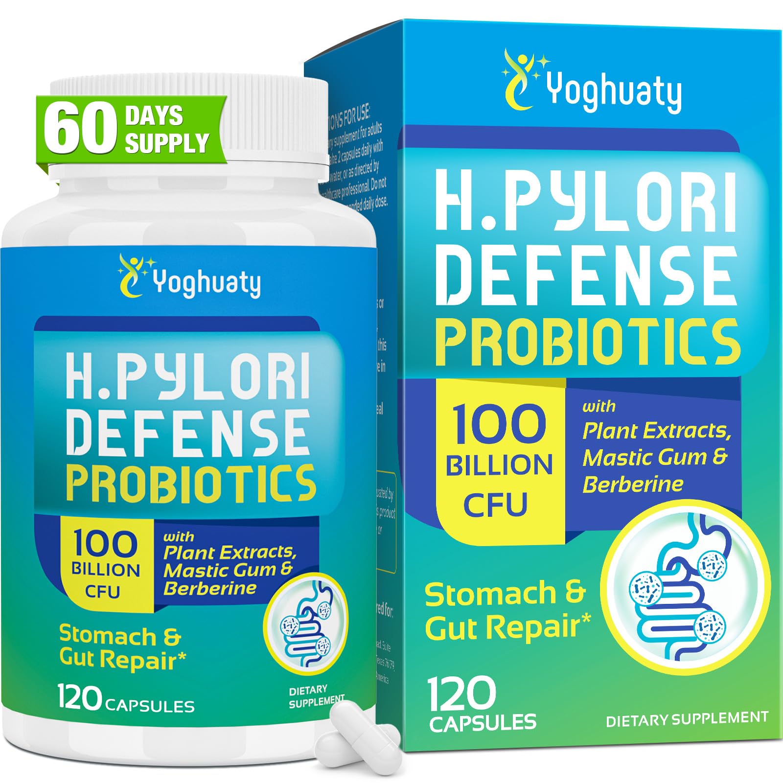 Yoghuaty H. Pylori Defense bottle front highlights high-potency probiotic blend.