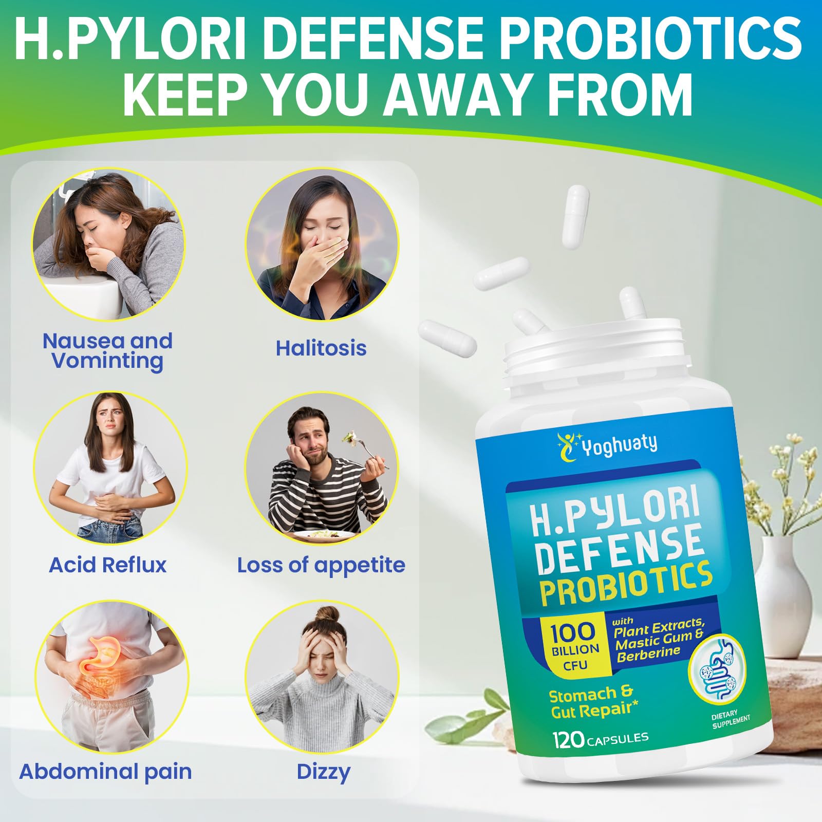 Yoghuaty H. Pylori Defense digestive scene showing stomach-friendly care.