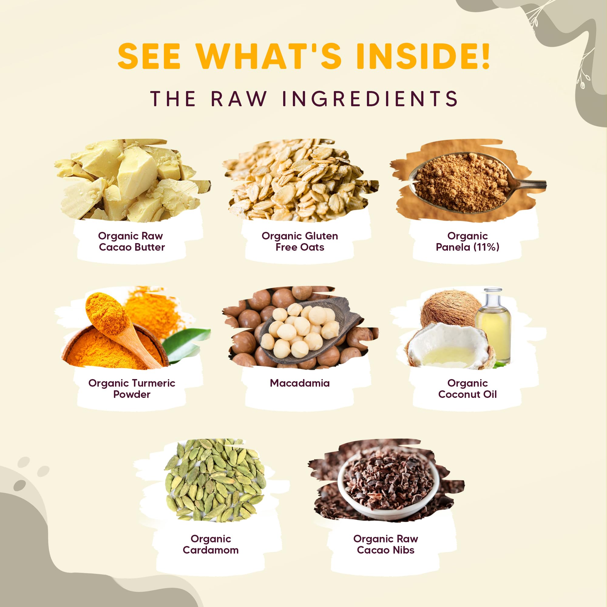 Yogi Super Foods ingredients: raw cacao butter, oats, macadamia nuts, turmeric, panela sugar.