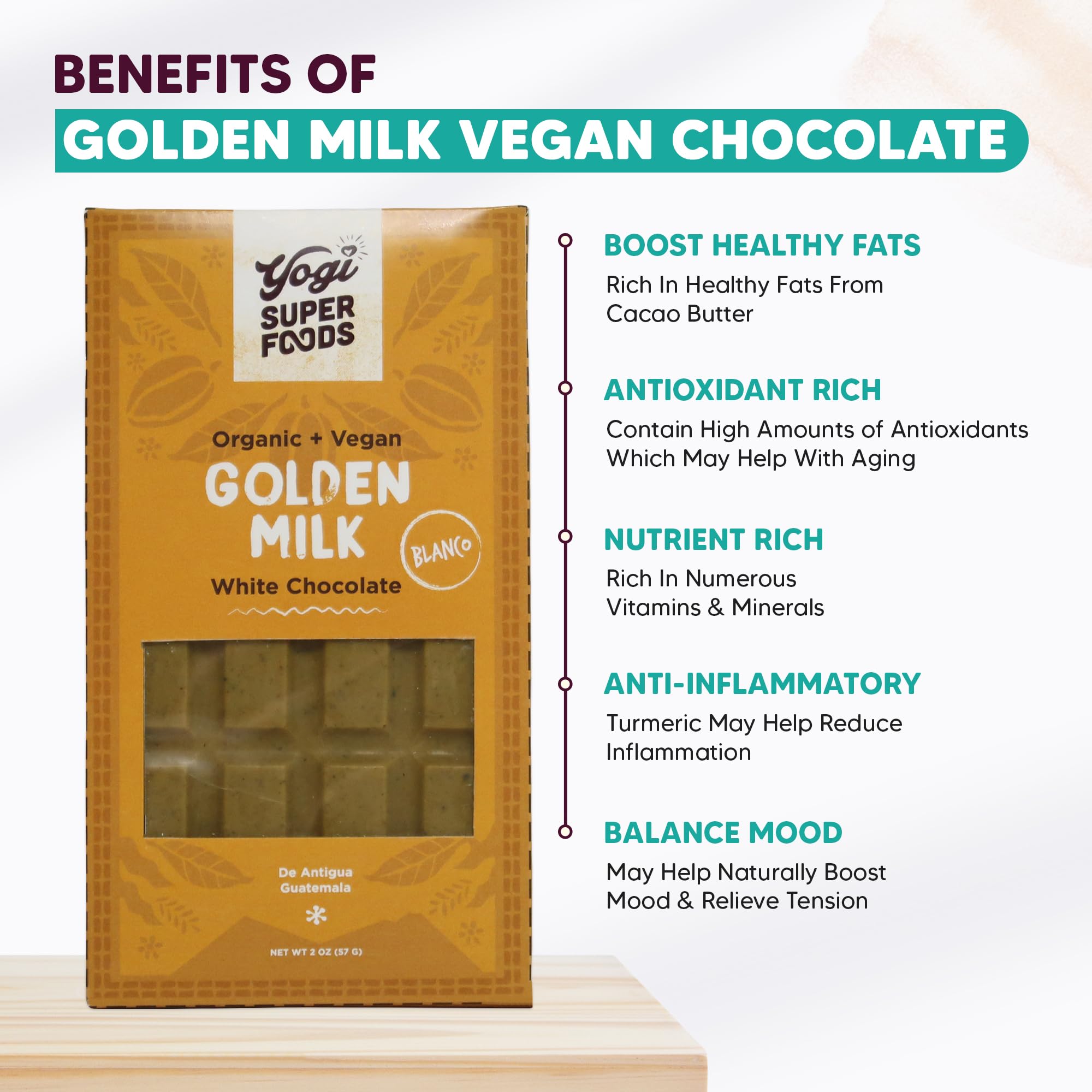 Yogi Super Foods white chocolate with macadamia nuts for crunchy texture.