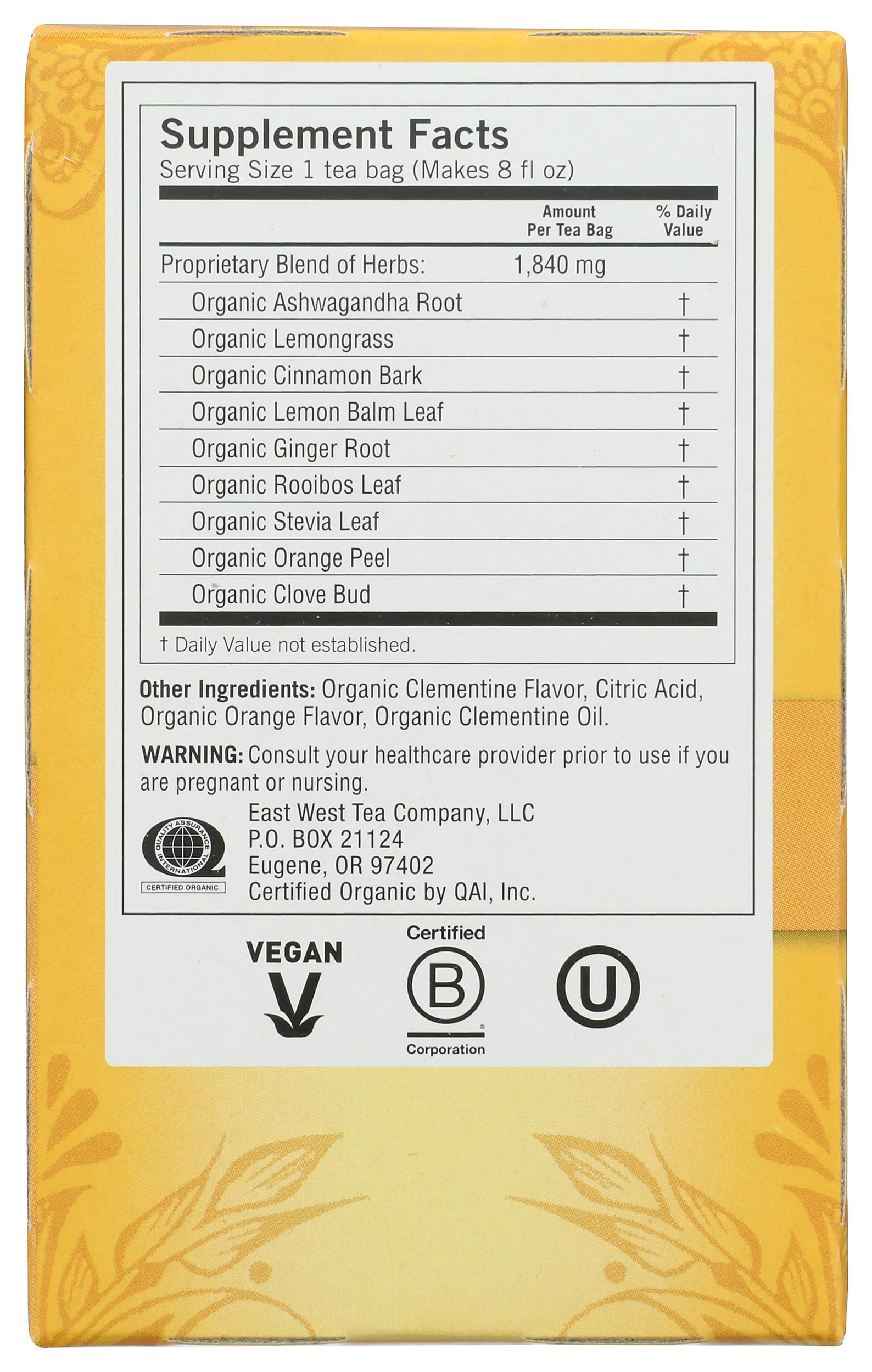 Yogi Tea Sweet Clementine organic certifications reassure quality.