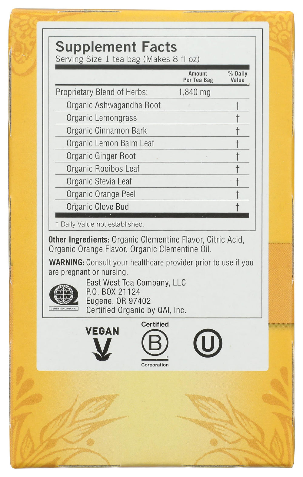 Yogi Tea Sweet Clementine organic certifications reassure quality.