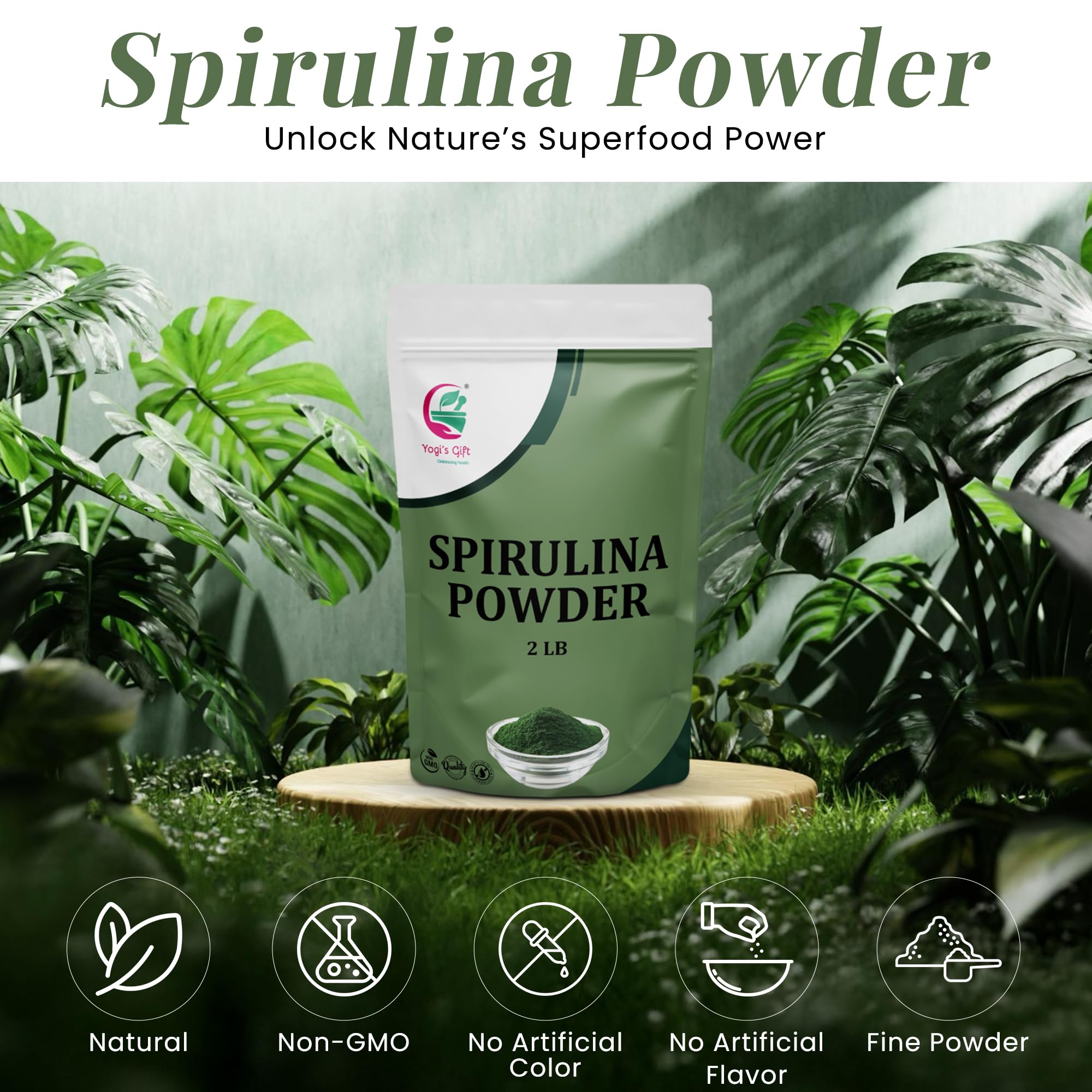 YOGI’S GIFT spirulina powder scoop emphasizes convenient 2 lb bulk packaging