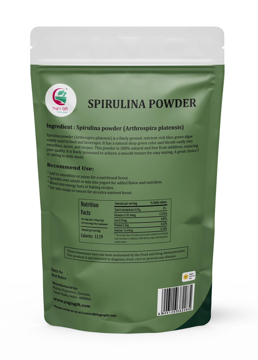 YOGI’S GIFT spirulina powder texture shows fine, easy-to-mix consistency for quick blends