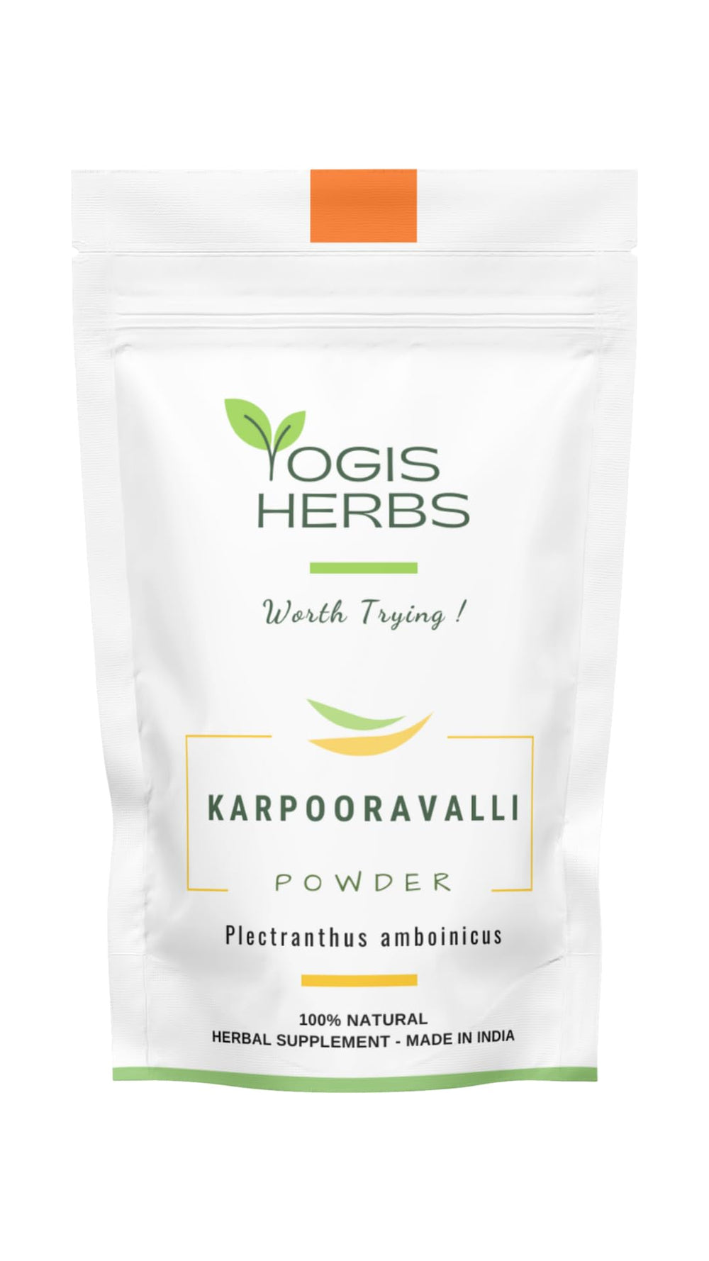 YOGIS HERBS Karpooravalli powder bottle promoting respiratory comfort and digestive wellness.