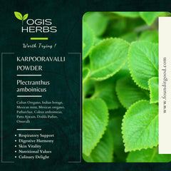 YOGIS HERBS Karpooravalli powder dish showcasing culinary uses and nutritional support.