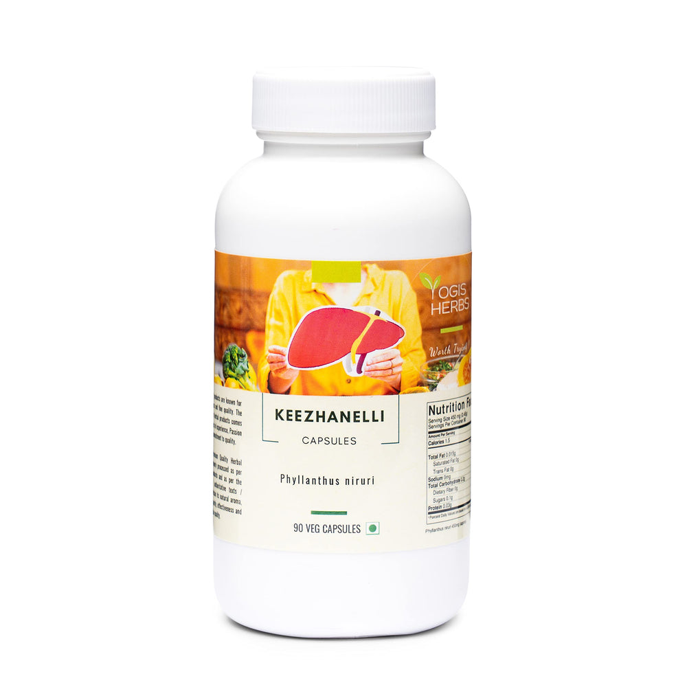 YOGIS HERBS Keezhanelli capsules bottle shows potential liver support and detox.
