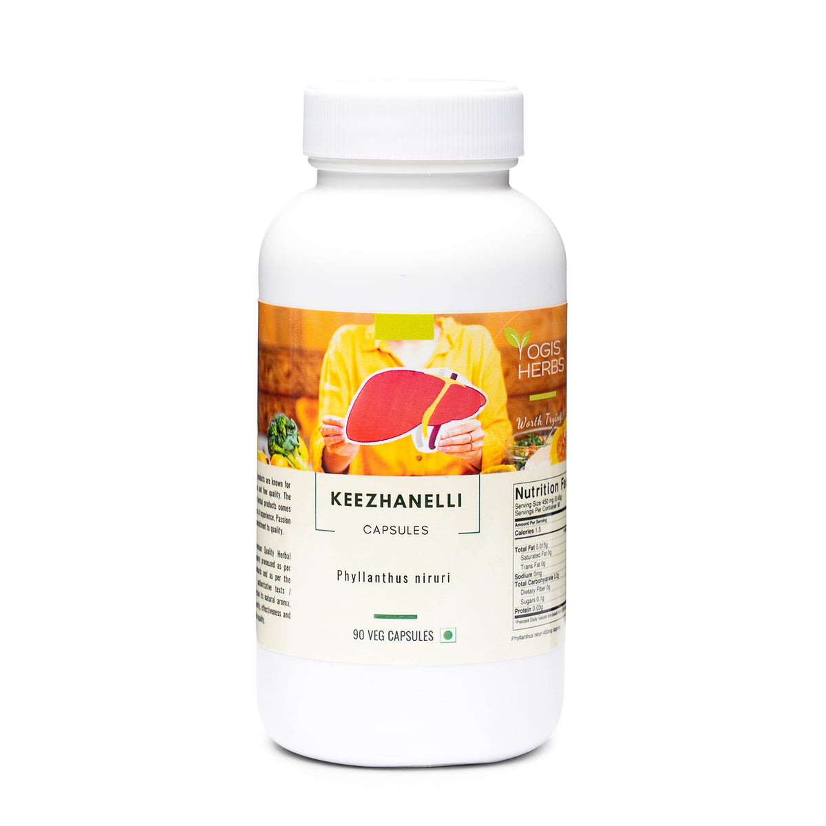 YOGIS HERBS Keezhanelli capsules bottle shows potential liver support and detox.