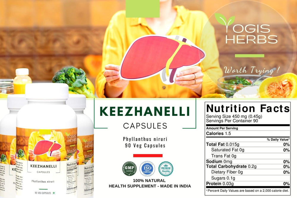 YOGIS HERBS Keezhanelli capsules pack highlights convenient use and digestive balance.