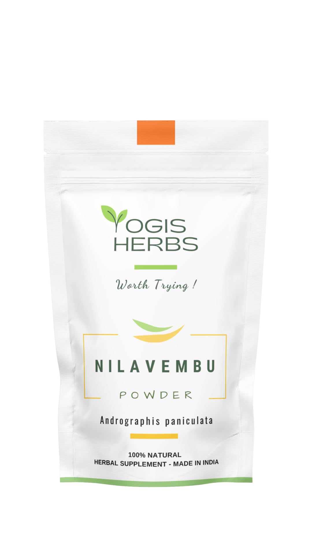 YOGIS HERBS Nilavembu powder bottle closeup reveals fresh, pure herbal form.