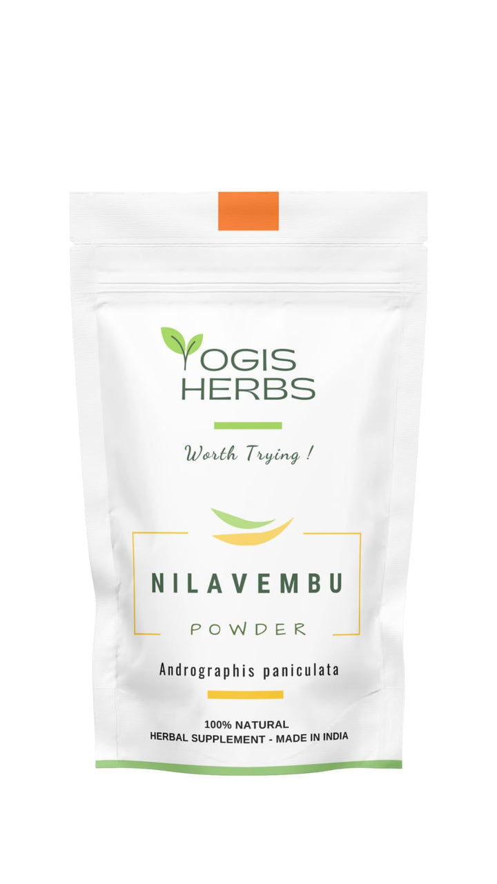 YOGIS HERBS Nilavembu powder bottle closeup reveals fresh, pure herbal form.
