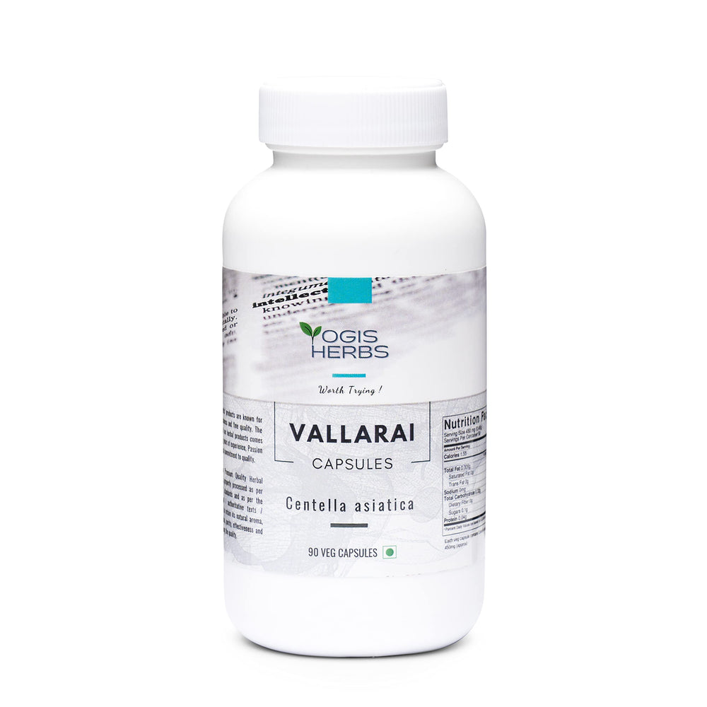 YOGIS HERBS Vallarai capsules bottle front for cognitive support with Centella Asiatica.