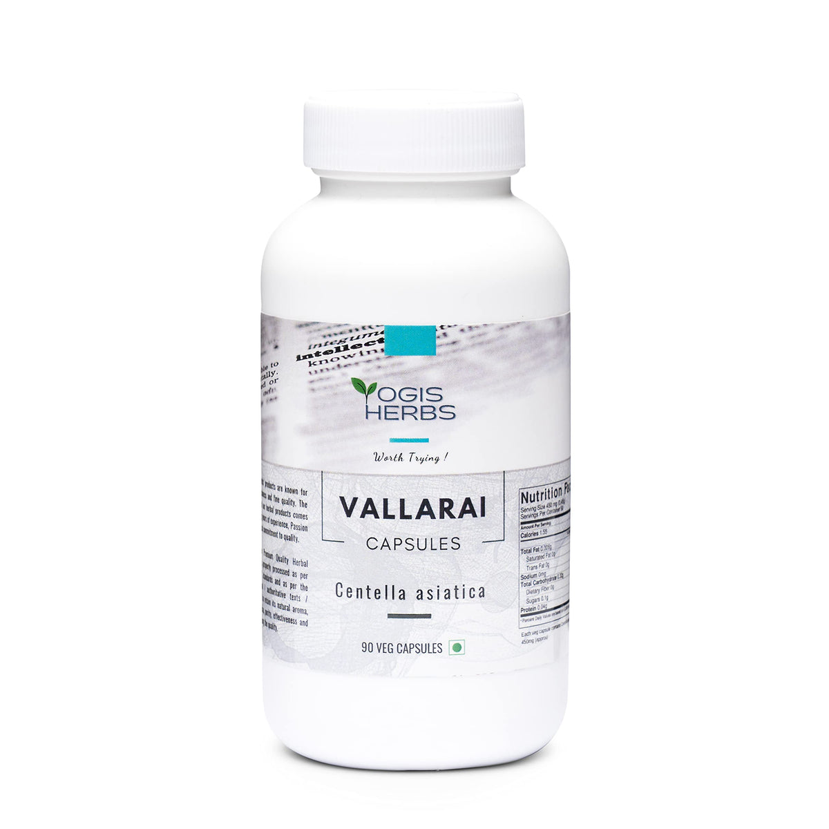 YOGIS HERBS Vallarai capsules bottle front for cognitive support with Centella Asiatica.