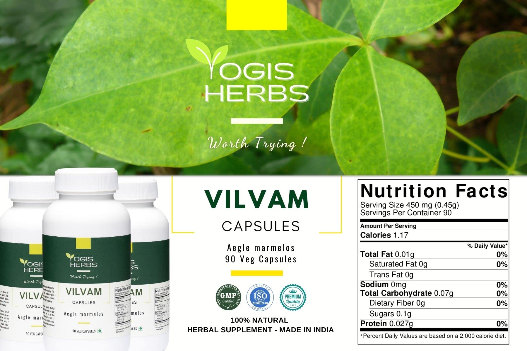 YOGIS HERBS Vilvam capsules close-up emphasizing traditional bilva herb support for the digestive system