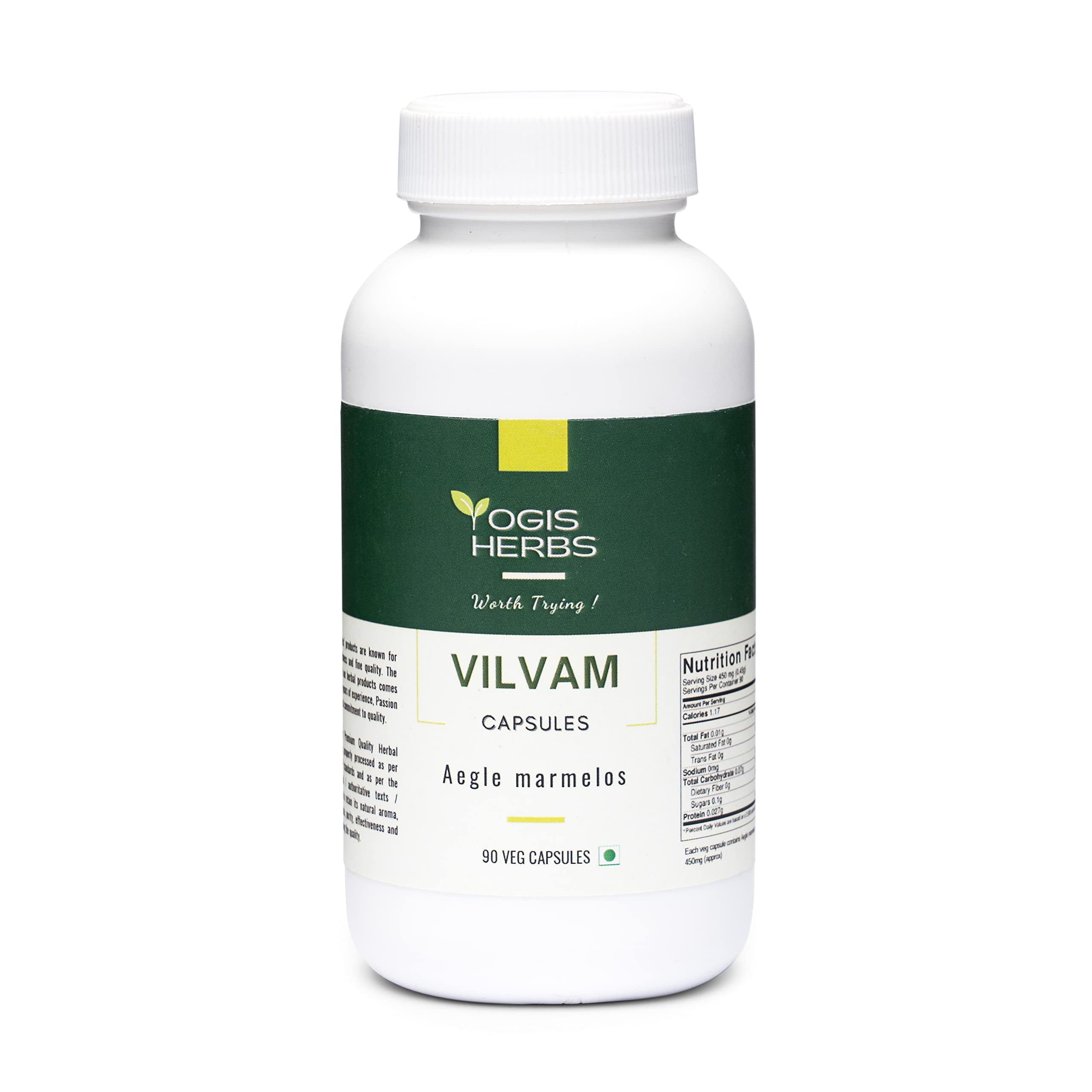 YOGIS HERBS Vilvam capsules label side view highlighting Ayurvedic formulation for respiratory comfort