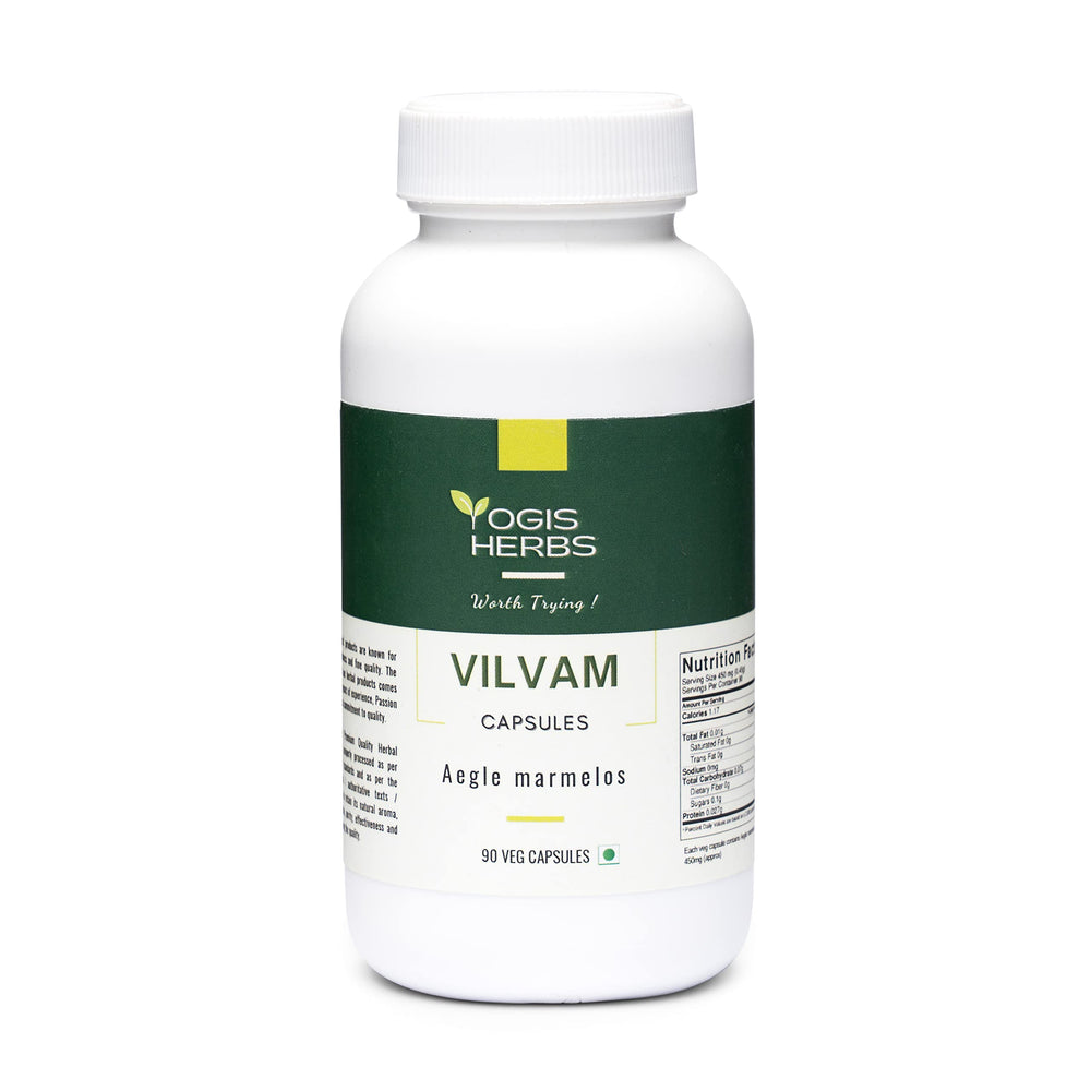 YOGIS HERBS Vilvam capsules label side view highlighting Ayurvedic formulation for respiratory comfort