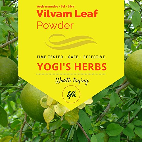 YOGIS HERBS Vilvam leaf powder in a bottle; may support digestive comfort when mixed.