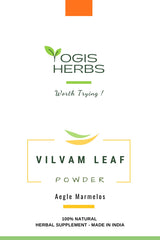 YOGIS HERBS Vilvam leaf powder packaging label showing premium quality.