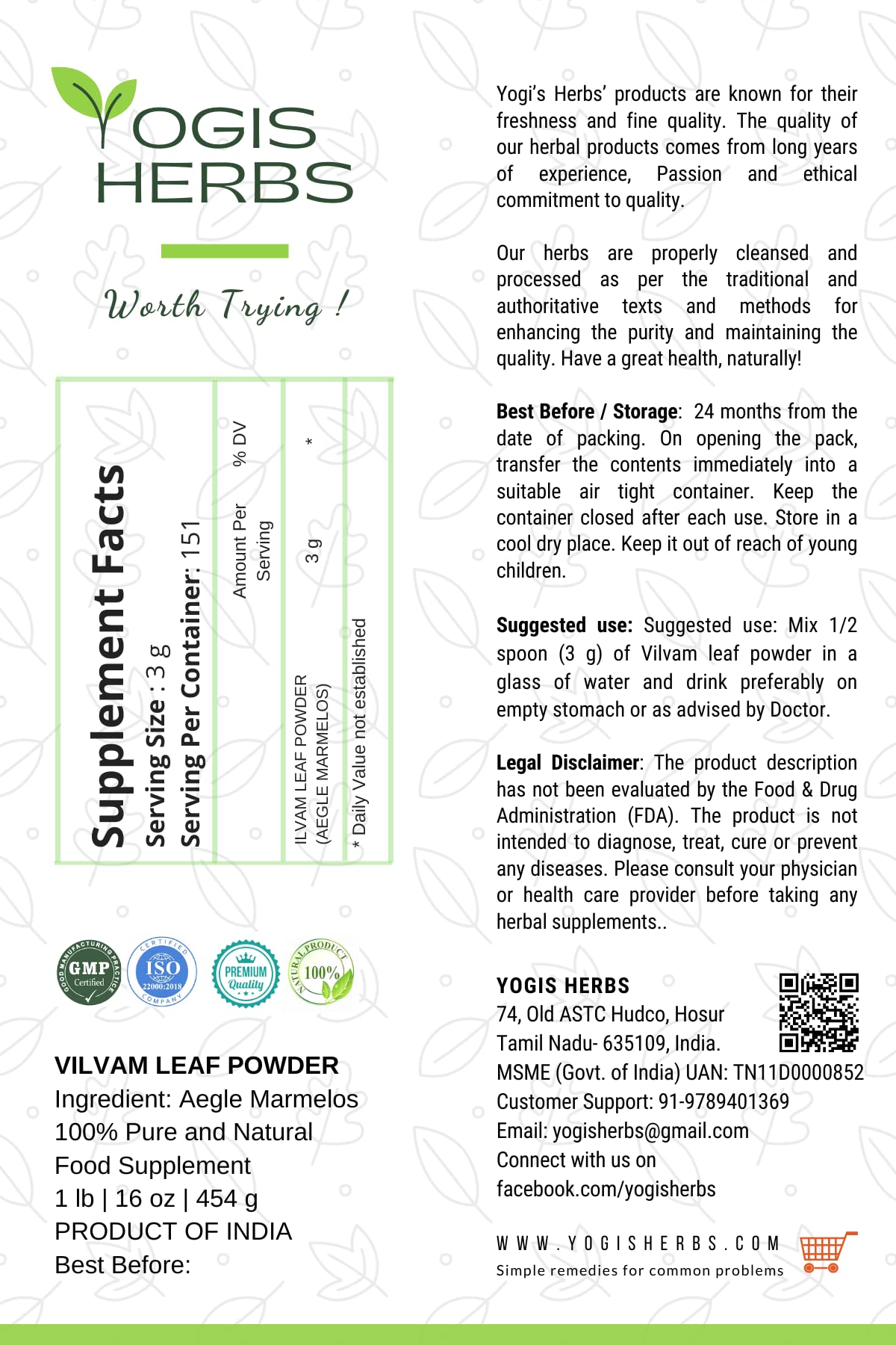 YOGIS HERBS Vilvam powder on a spoon, ideal for tea or smoothies.