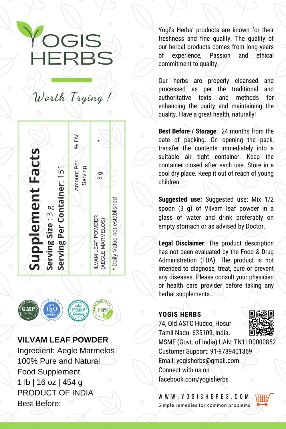 YOGIS HERBS Vilvam powder on a spoon, ideal for tea or smoothies.