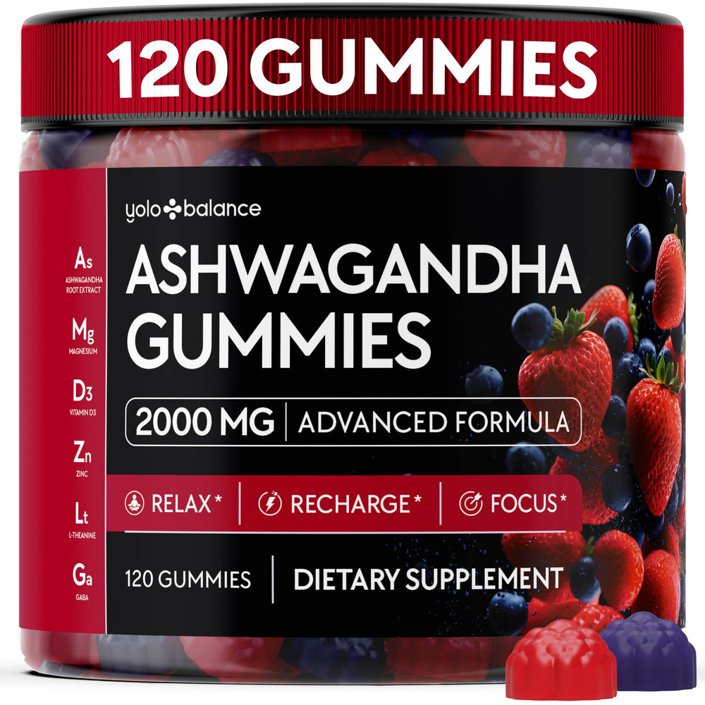 YOLOBALANCE Ashwagandha Gummies bottle for easy daily relaxation.