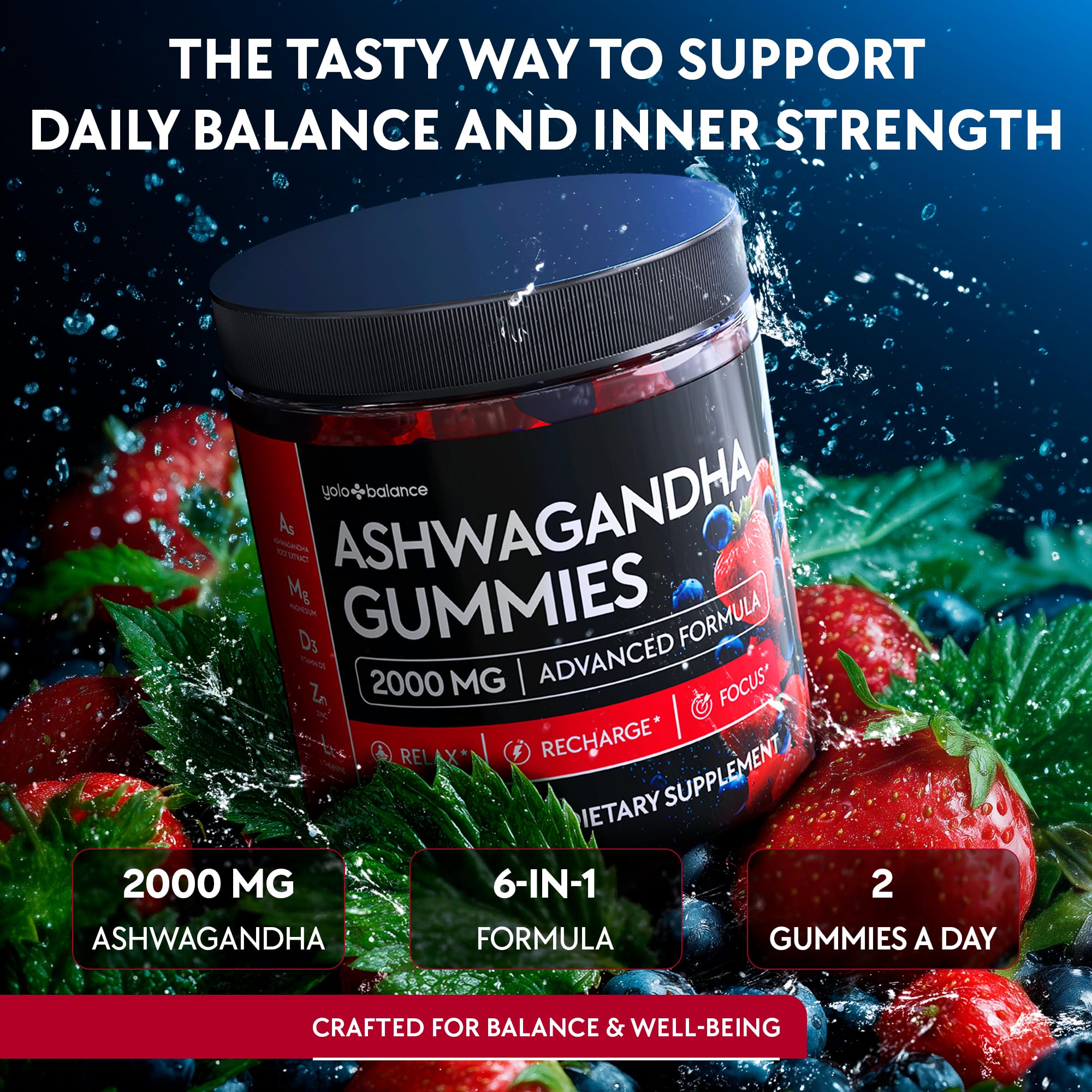 Close-up of YOLOBALANCE Ashwagandha Gummies texture and sugar-free vegan formula.