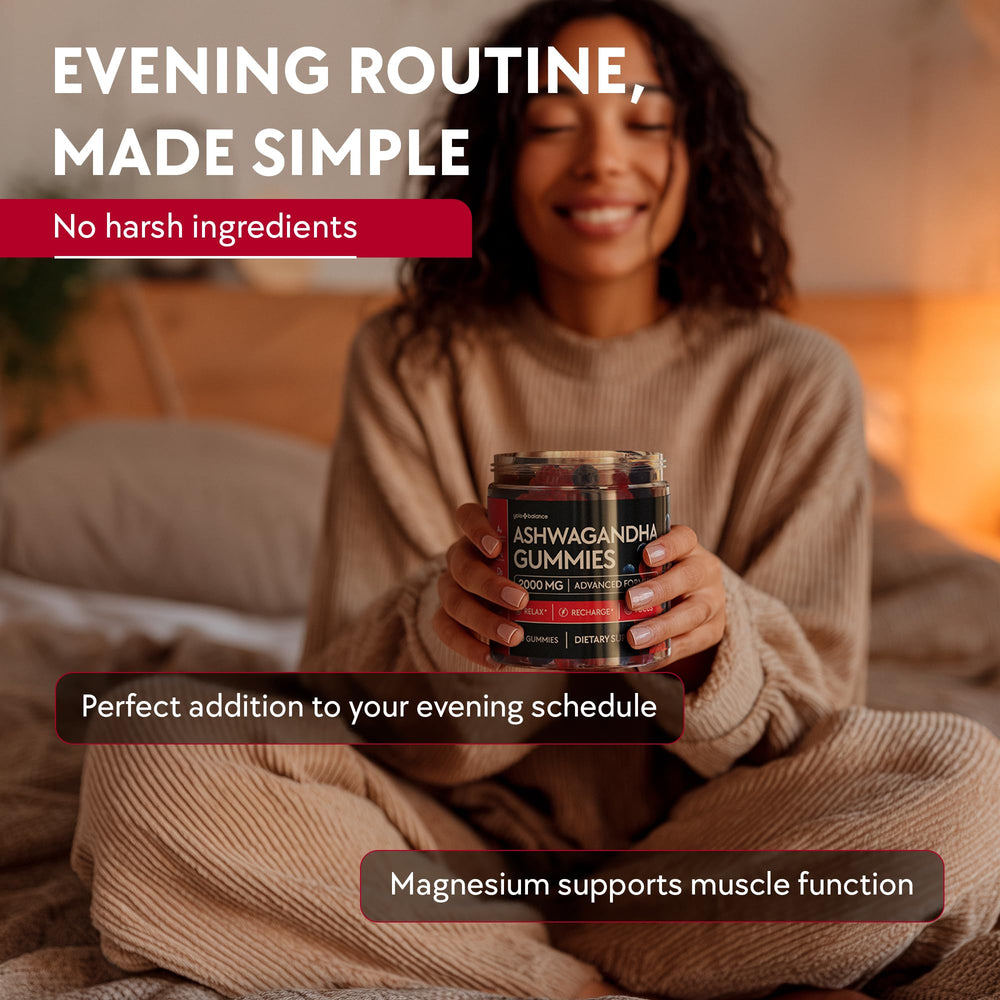 YOLOBALANCE Ashwagandha Gummies positioned for relaxation and daily energy use.