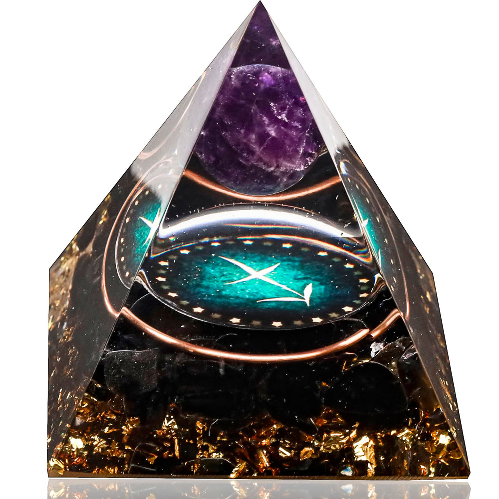 Yogmudra 12 Zodiac Orgone Pyramid with amethyst and obsidian for protective energy balance