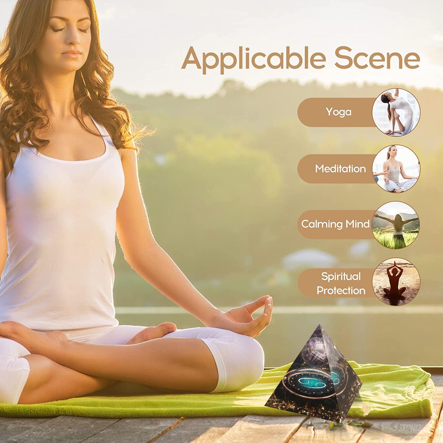 Yogmudra gold foil resin pyramid with crystals adds luminous charm