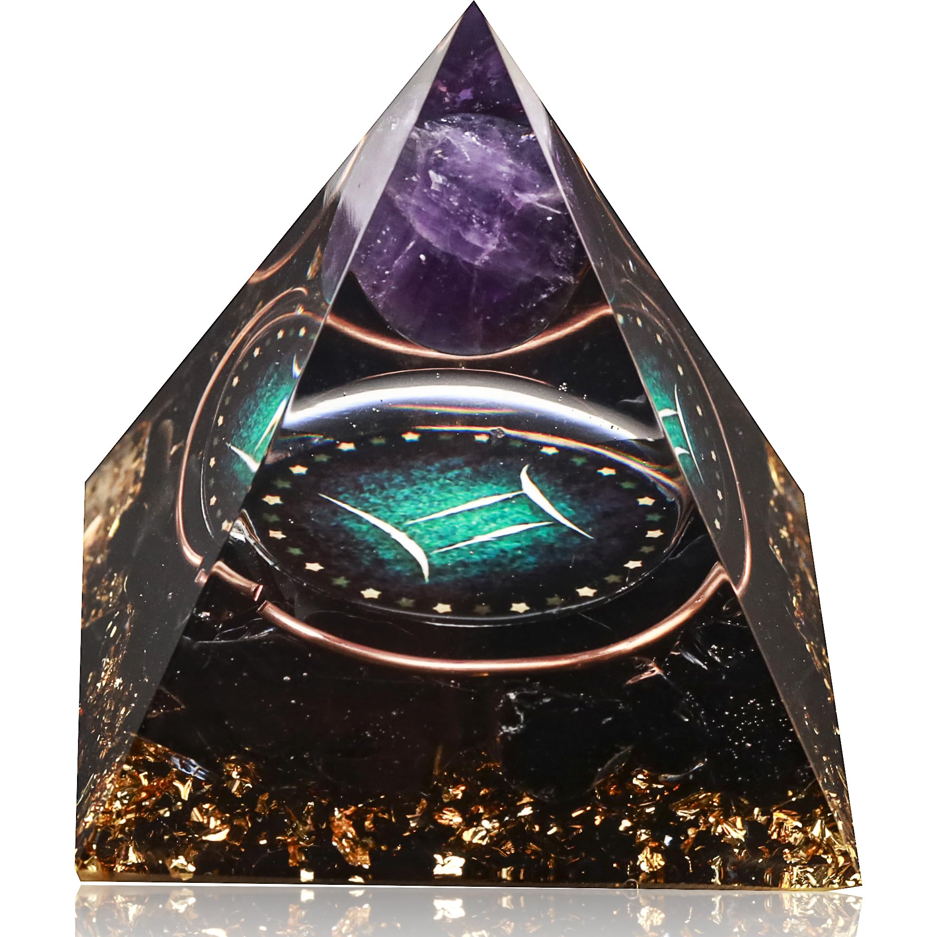 Yogmudra Zodiac Orgone Pyramid with amethyst and obsidian, front view for meditation energy.