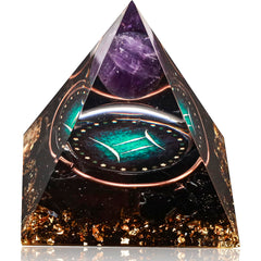Yogmudra Zodiac Orgone Pyramid with amethyst and obsidian, front view for meditation energy.