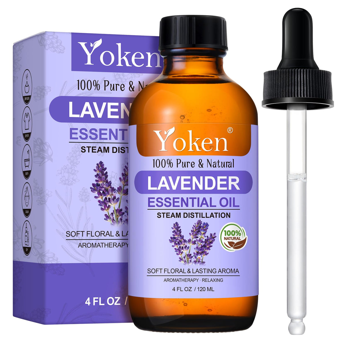 Yoken Lavender Oil bottle with dropper for precise diffusing and easy application