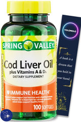YOLOMOLO cod liver oil plus vitamins A and D3 bottle shows packaging for daily immune and bone support.