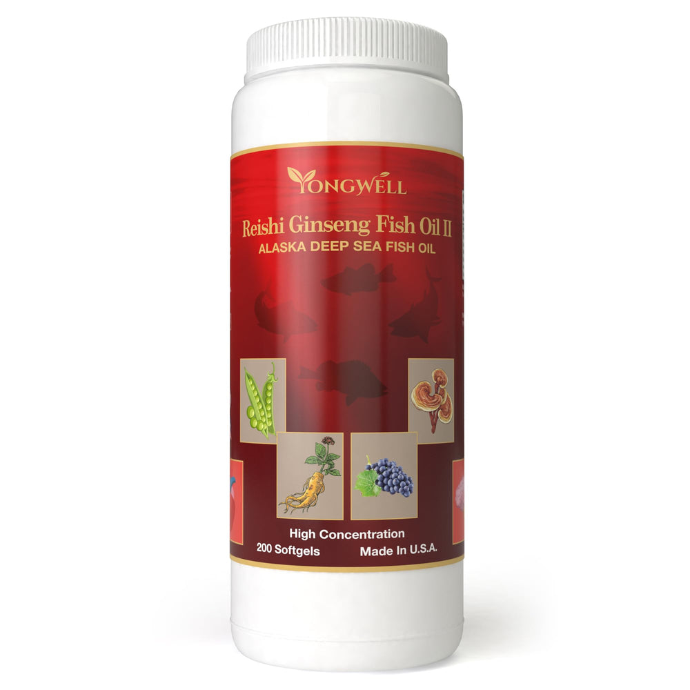 YongWell Reishi Ginseng Fish Oil II bottle with softgels supports heart and brain wellness.