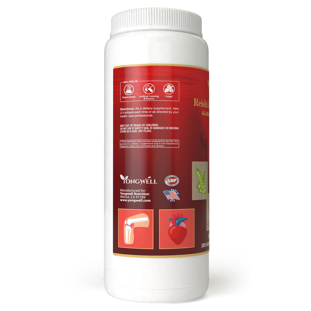 USA-made YongWell Reishi Ginseng Fish Oil II bottle emphasizes quality and 200-count value.