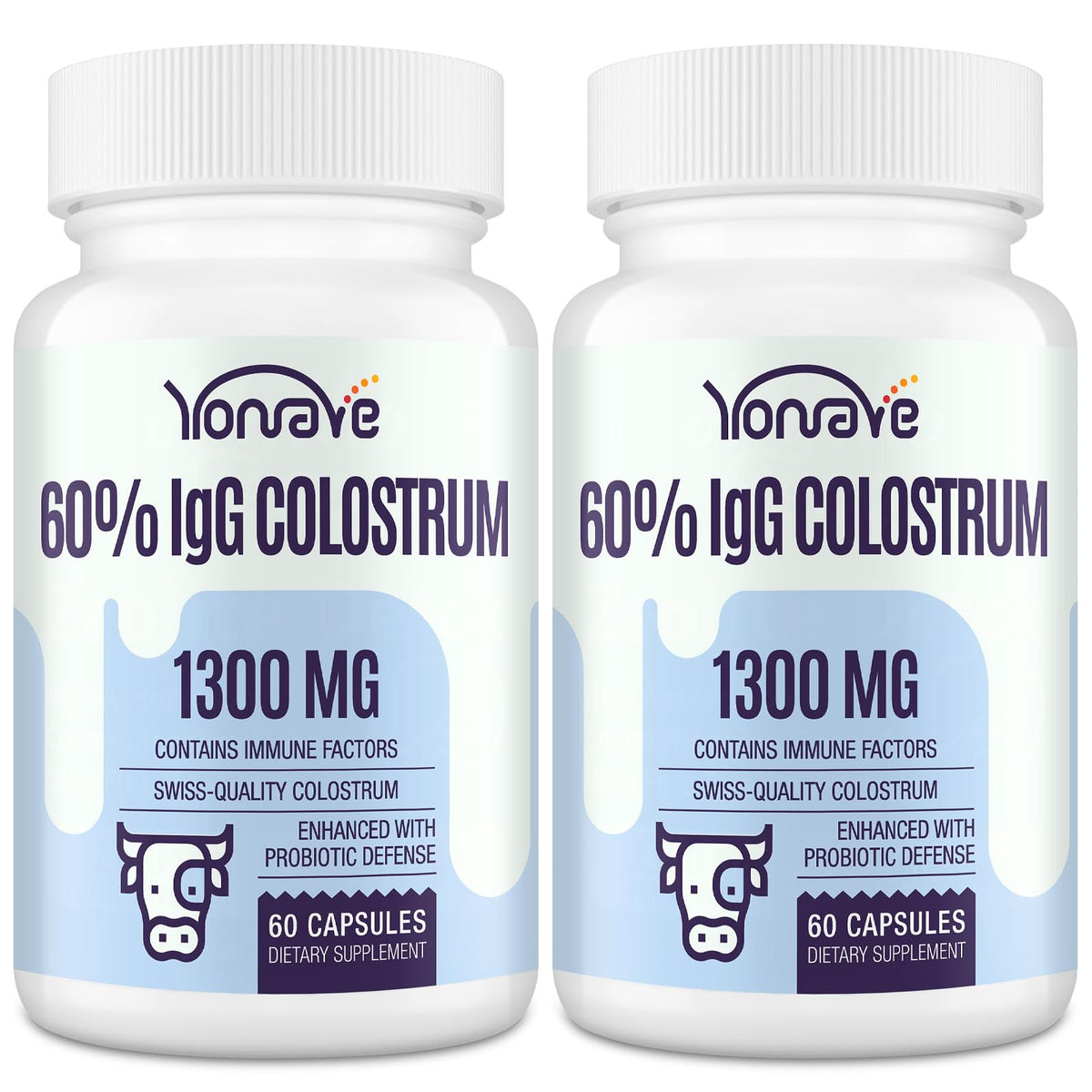 Yonrave bovine colostrum capsules bottle showing high IgG content for daily immune support