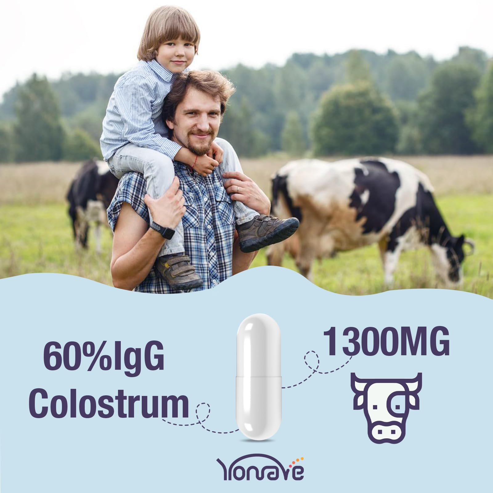 Yonrave Bovine Colostrum capsule close-up suggesting easy daily use