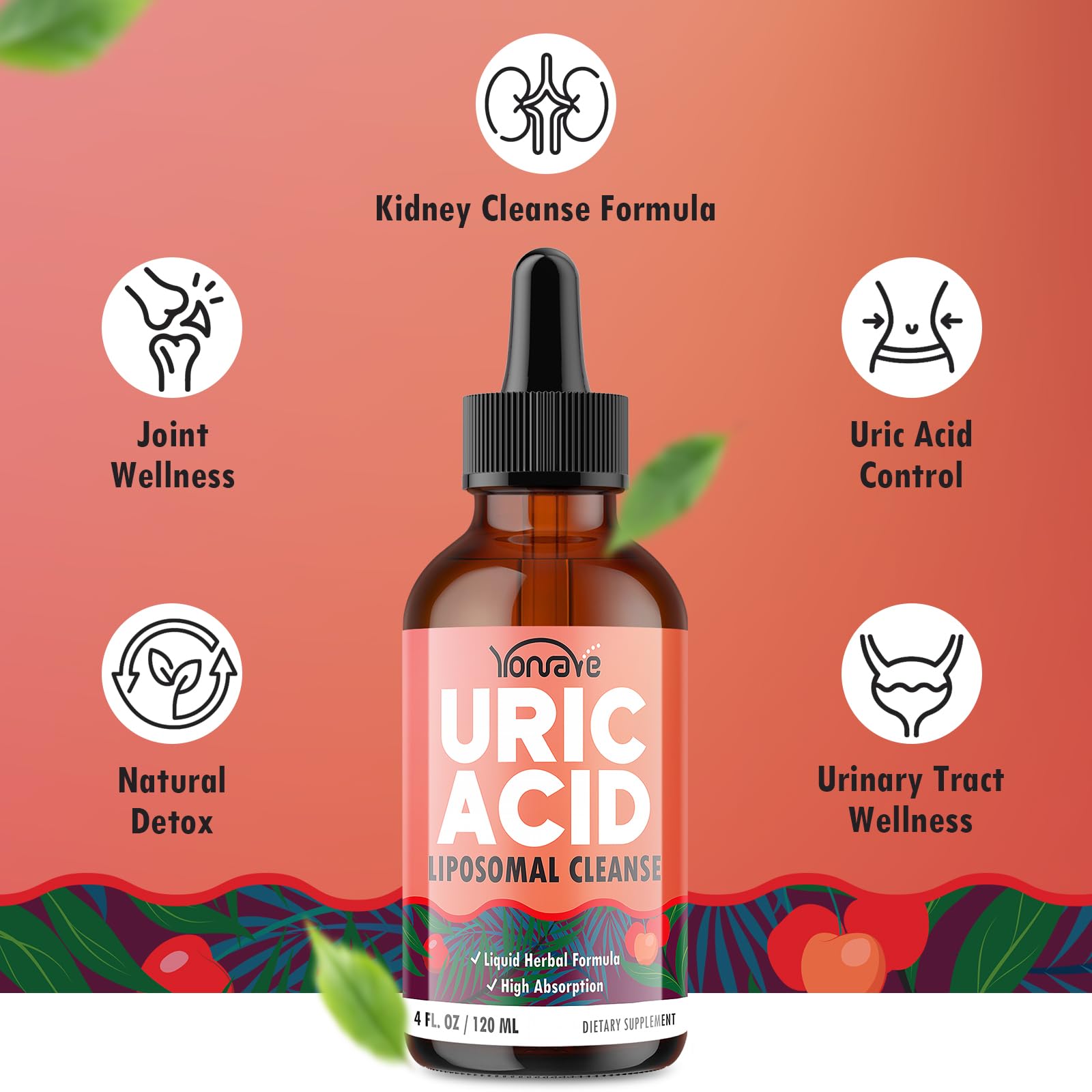 Yonrave Liposomal Uric Acid Drops with tart cherry and celery seed ingredients for natural support.