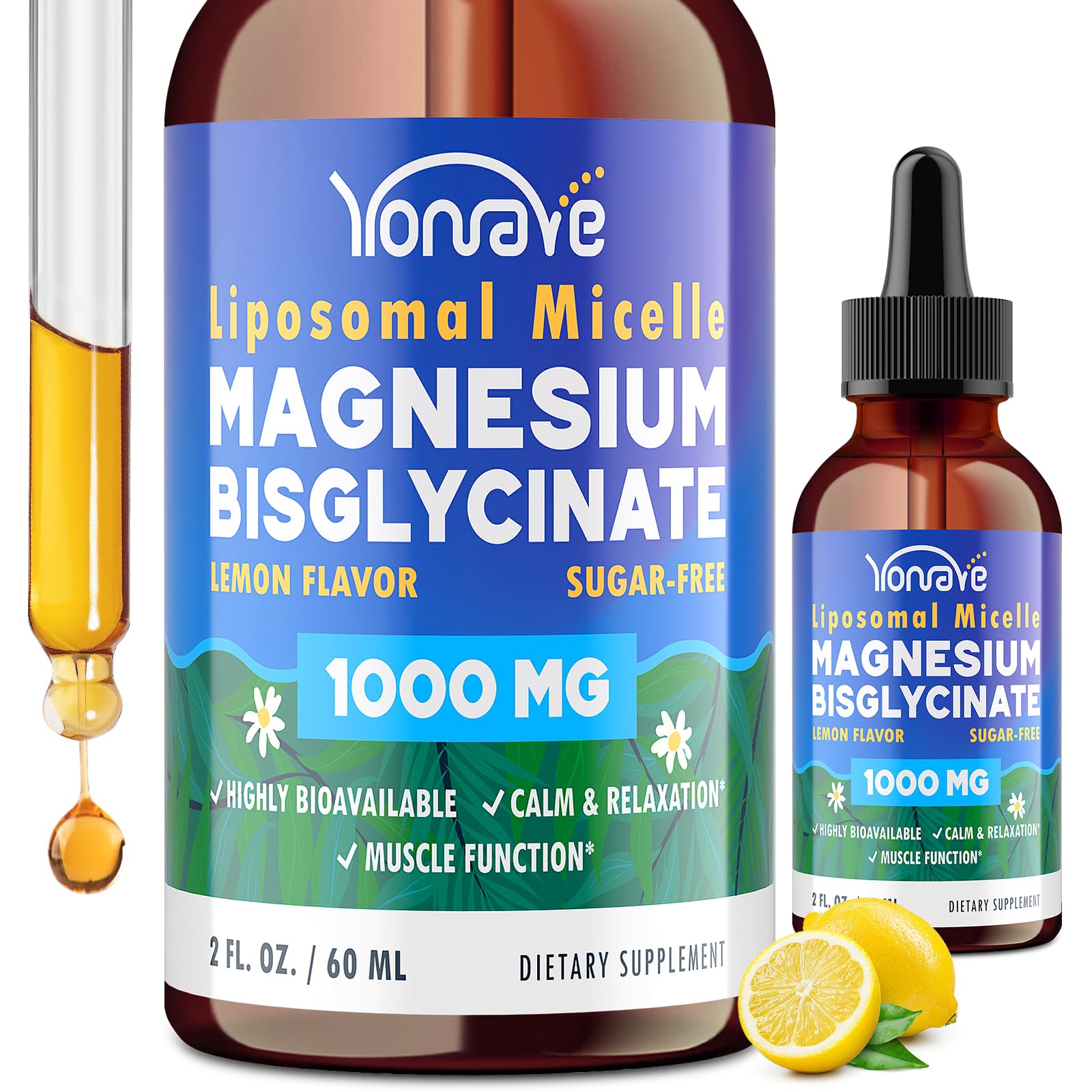 Yonrave magnesium bisglycinate liquid bottle highlighting high absorption benefits for daily balance.