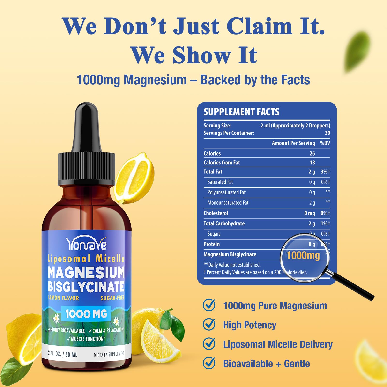 Yonrave Magnesium Bisglycinate liquid label closeup highlights advanced absorption technology