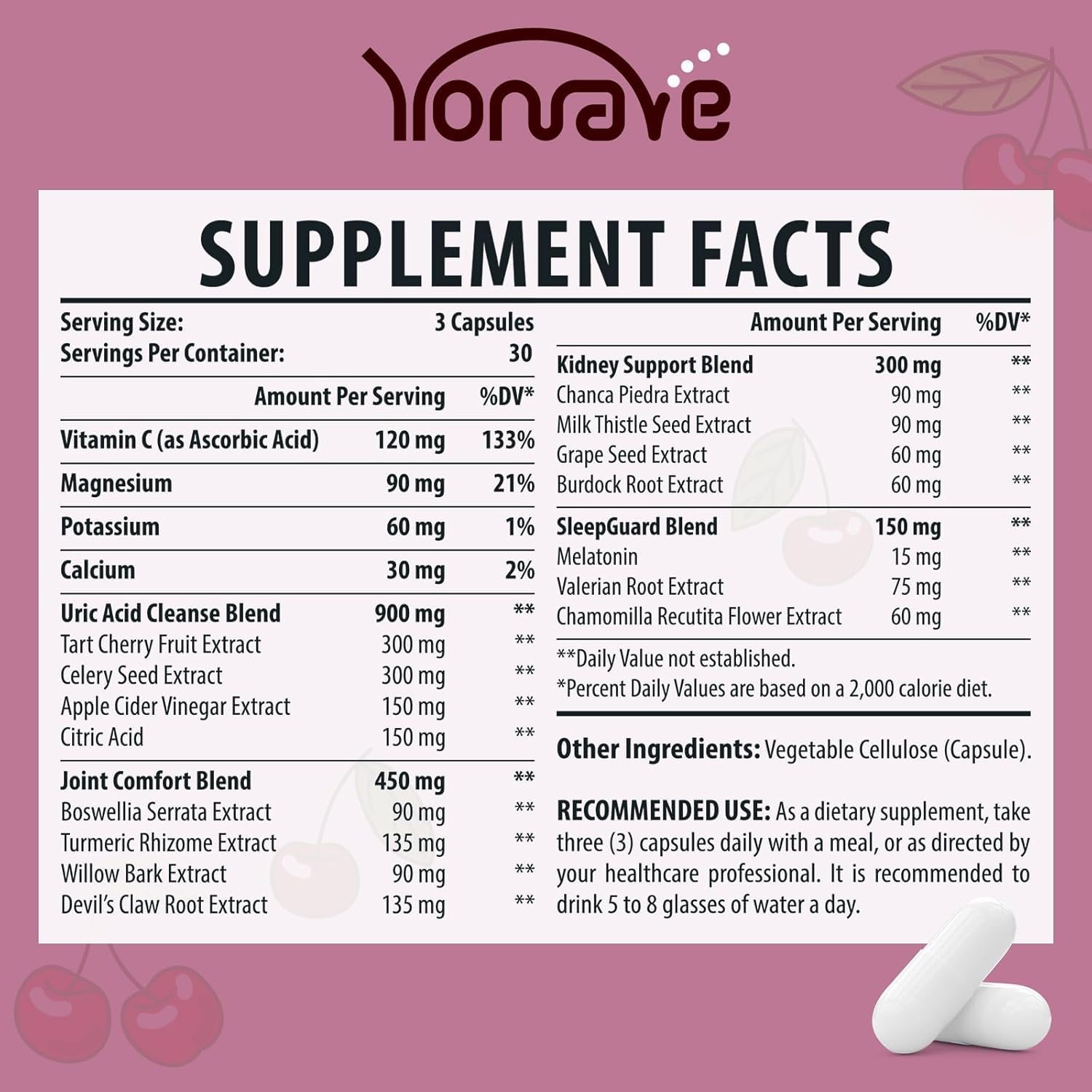 Yonrave tart cherry capsules close-up, highlighting natural support.