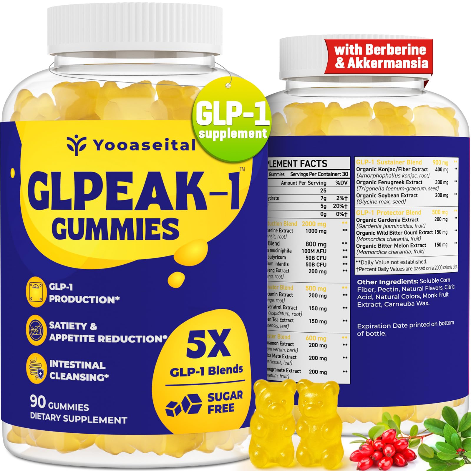 Yooaseital GLP-1 Gummies bottle front showing packaging and sugar-free claim for daily support