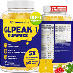 Yooaseital GLP-1 Gummies bottle front showing packaging and sugar-free claim for daily support