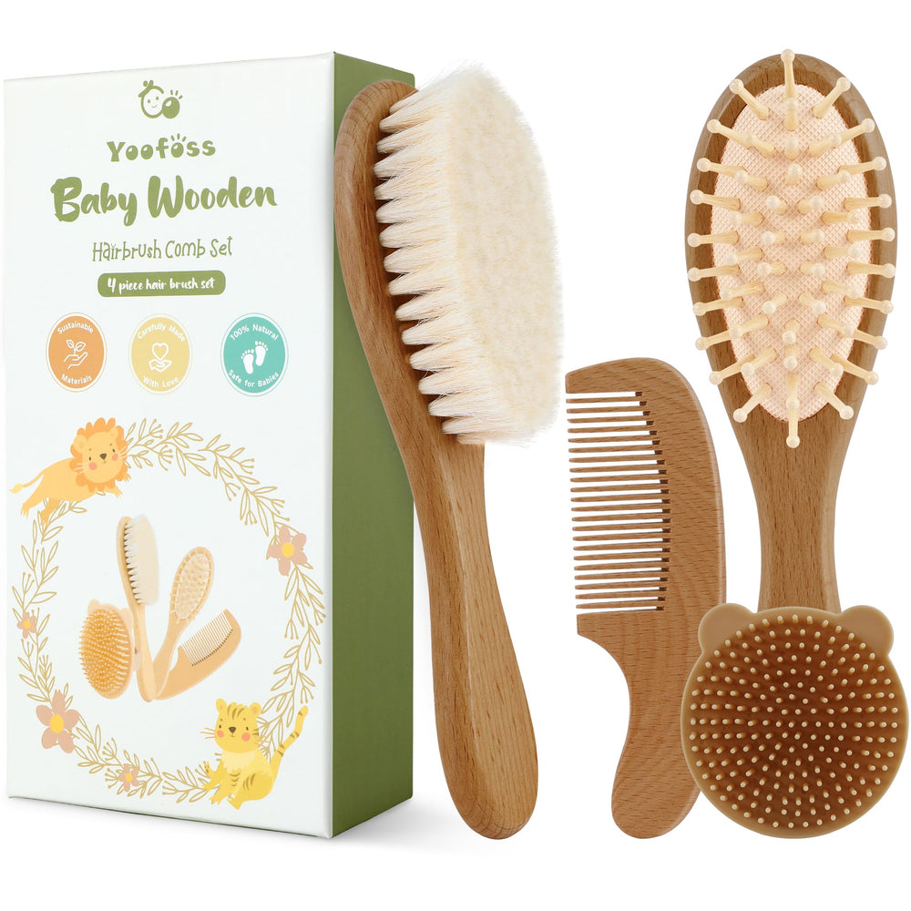 Yoofoss walnut baby hair brush close-up shows soft bristles for gentle scalp care